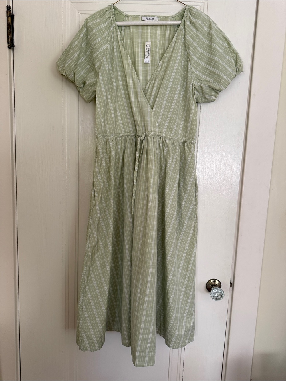 Madewell Light Green Plaid Faux Wrap Midi Dress - NWT